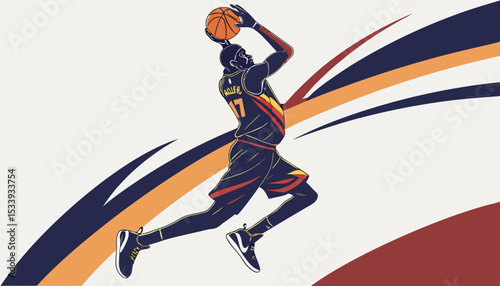 Basketball player in motion performing slam dunk, wearing dark uniform with vibrant stripes on abackground. Concept of athleticism. Ai generative                     
