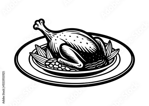 Silhouette Roast turkey on the plate Satisfying food, Isolated on white background.
