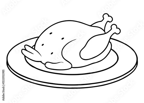 Roast turkey on the plate. Chicken dish in a restaurant line art vector illustration
