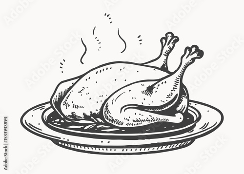 Roasted chicken. Chick meat prepared at grill. Satisfying food, vintage style Minimalist concept vector illustration