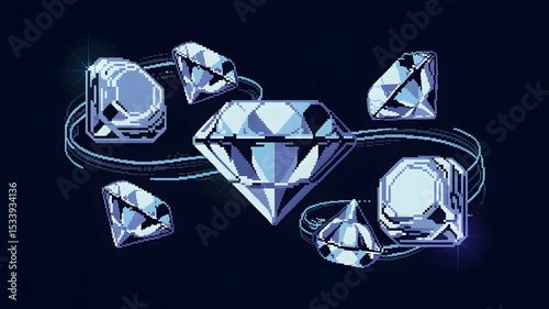 Pixel Art Illustration of Sparkling Diamonds on a Dark Blue Background, Retro Gaming Style Displaying Wealth and Precious Gems