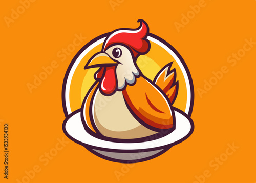 Roasted chicken with vegetable on a plate mascot logo design

