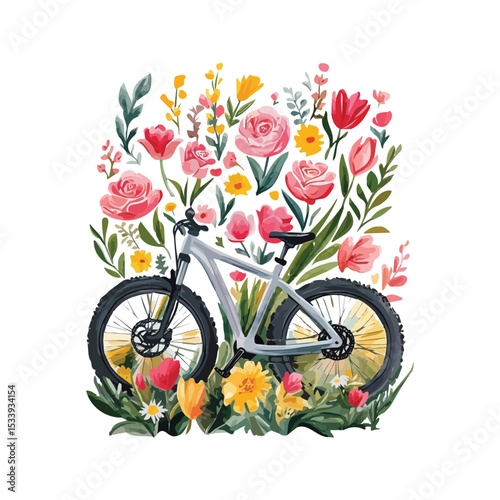 Mountain bicycle with flowers, mountain biking, MTB Clipart, DirtBike, off-road cycling