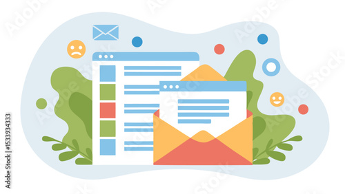 Illustration of email inbox with opened message and surrounding decorative elements design art