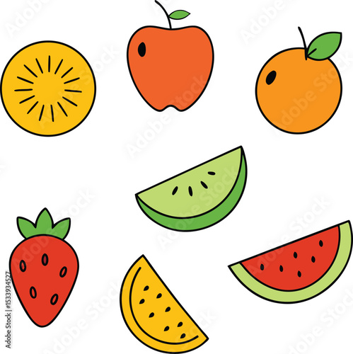 hand drawn fruit slice vector art illustrations in doodle style.