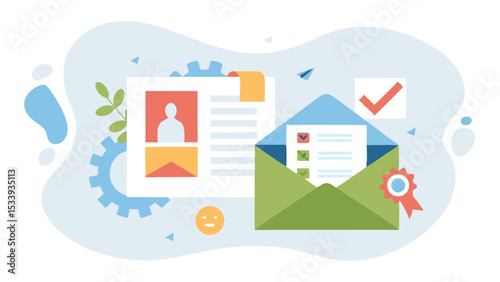 Illustration of a resume with a profile picture next to an open email with checkmarks inside