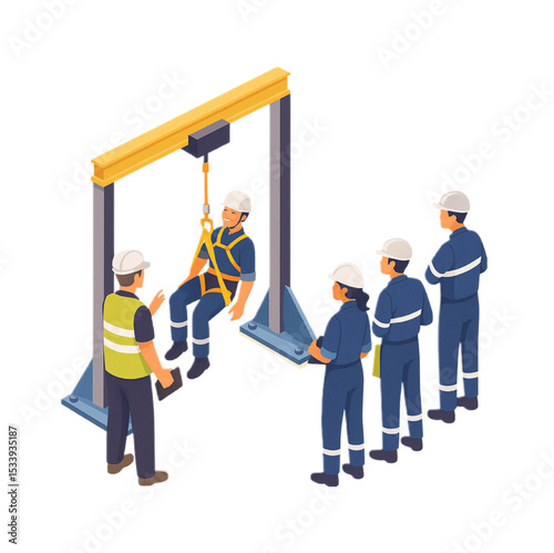Industrial Safety Training Workers Wearing Safety Gear Participate in a Harness and Crane Lifting Equipment Demonstration