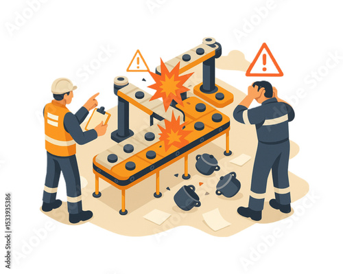 Industrial Accident Scene Illustrating Safety Hazards in Manufacturing Plant with Workers Inspecting Damaged Conveyor Belt and Broken Pots