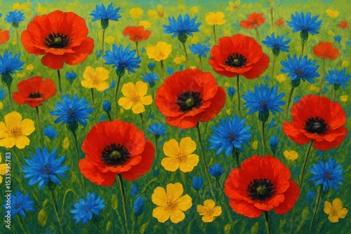 A vibrant field of red poppies yellow buttercups and blue cornflowers painted with a beautiful impressionistic style.