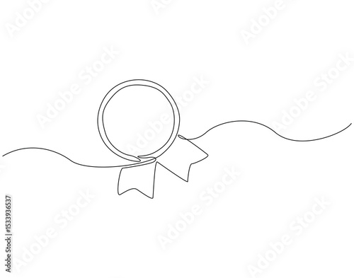 Continuous line drawing of award badge. Single line illustration of medal. Achievement ribbon concept. Editable outline