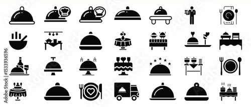 Black and White Food Service Icons Set Restaurant Catering Buffet