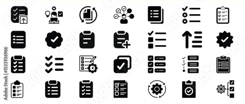 Black Checklist Icons Set Task Management Workflow Symbols 1