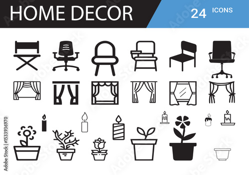 Home Decor Icons: A comprehensive collection of minimalistic line icons showcasing diverse home decor elements, providing visual representation for interior design and furnishing concepts.