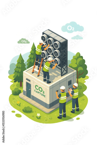 Engineers work on a CO2 capture system a sustainable technology reducing carbon footprint improving air quality environmental conservation green energy