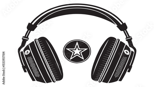 Star Headphones Graphic: A sleek pair of black headphones is featured above a simple star emblem, creating a graphic illustration perfect for music and technology enthusiasts.
