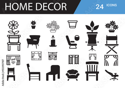  Home Decor Icons: A collection of graphic resources, icons of home decor elements, perfect for design projects. showcasing variety of decor options.