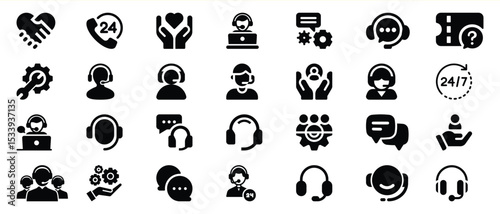 Black Customer Support Icons Set Helpdesk Service Symbols 1