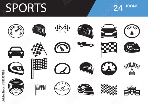 Motorsports Icon Set: A comprehensive collection of 24 sleek, monochrome icons representing the thrill of motorsports, perfect for websites, apps, and presentations.