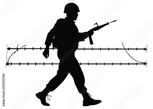 Soldier silhouette with weapon walking past barbed wire fence security illustration for graphic design