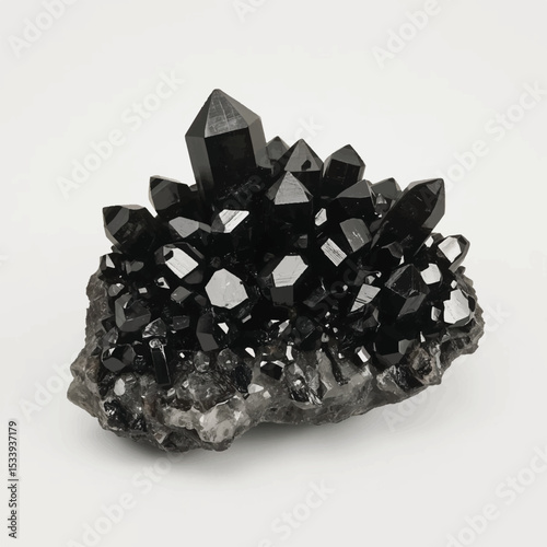 Black Quartz Crystal Cluster on White Background