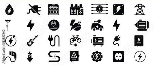 Black Electricity Power Icons Set Energy Symbols Collection