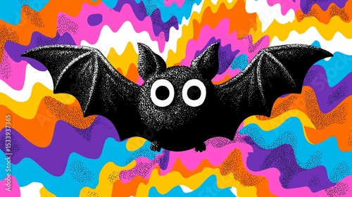 Halloween bat with googly eyes on trippy white backdrop, cute spooky vibe, viral holiday character