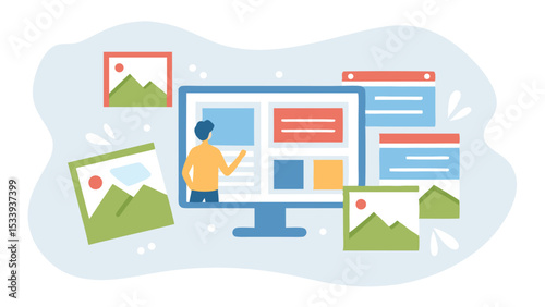 Illustration of a man presenting on a computer screen with floating images and documents around it