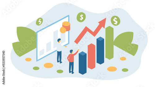 Isometric illustration showing financial growth with people and rising bar graph elements