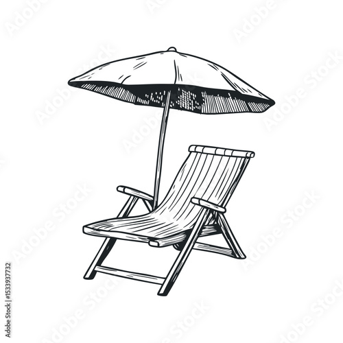 Beach umbrella with deck chair doodle illustration on isolated white background