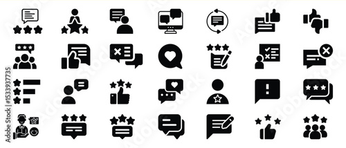 Black Glyph Icons Set Customer Feedback Review Rating Stars Thumbs Up Down 1