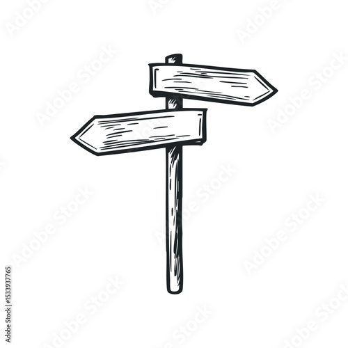 Arrow wooden board doodle illustration on isolated white background