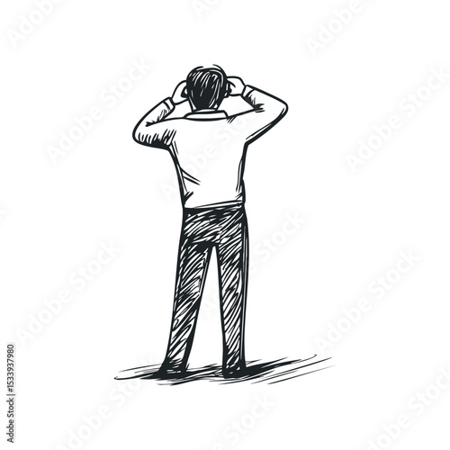 Man looking at binaculars doodle illustration on isolated white background with space for copy
