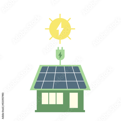 Eco-friendly house with solar panels and sun icon in modern vector style — perfect for green energy concepts, sustainable homes, and clean power solutions.
