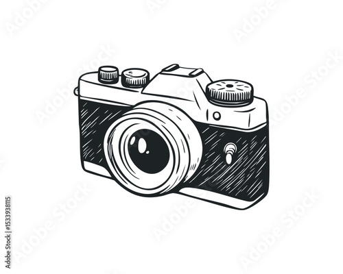Photo camera doodle illustration on isolated white background