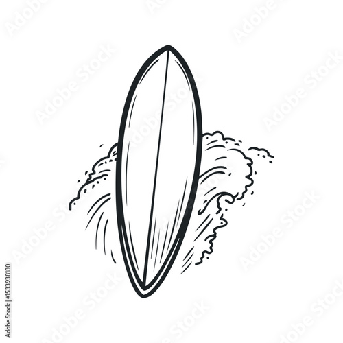 Surfboard on wave doodle illustration on isolated white background