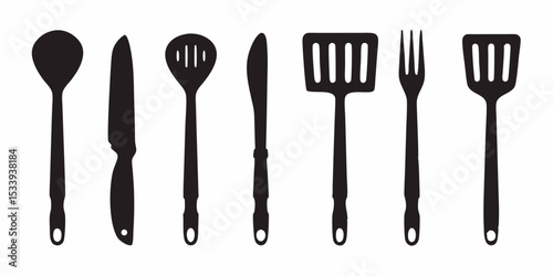 Kitchen utensils vector illustration cooking tools set spatula spoon fork knife for food preparation design silhouette