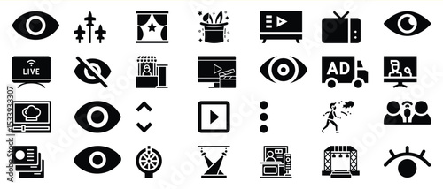 Black Glyph Icons Set Media Broadcasting Television