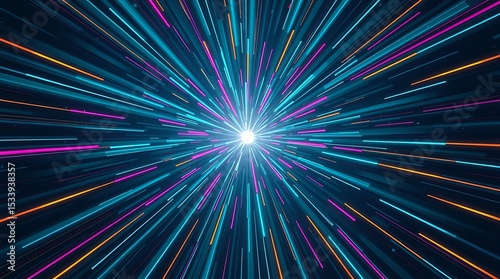Abstract background with glowing lines emanating from a central point in vibrant colors and dark space
