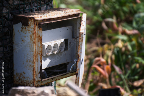 Open vintage metal cabinet providing access to electrical outlets in a park for maintenance workers