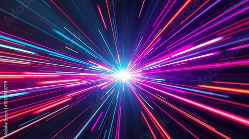 Abstract light speed background with colorful lines and a bright central point of convergence effect