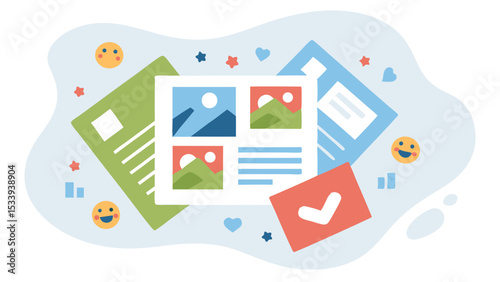 Illustration of photo collage with landscape images and check mark on colorful background design element
