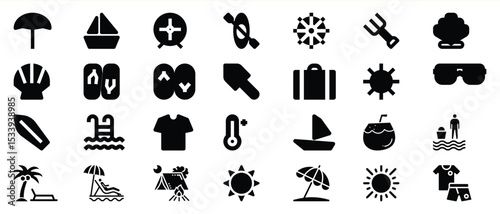 Black Glyph Icons Summer Vacation Travel Beach Sea