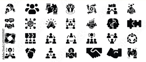 Black Glyph Icons Teamwork Collaboration Partnership Puzzle