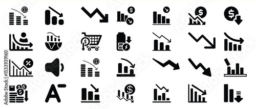 Black Icons Showing Decreasing Financial Trends and Charts