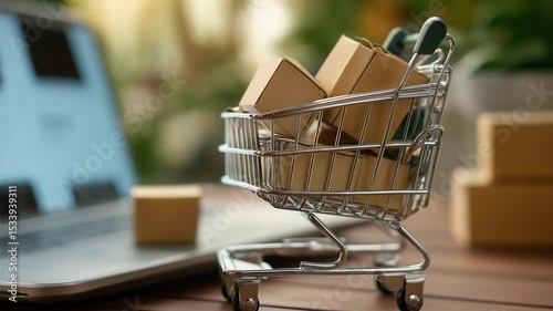 A miniature shopping cart with boxes inside stands next to an open laptop, creating the concept of online shopping and e-commerce on a blurred background Close-up shot, K resolution, ult