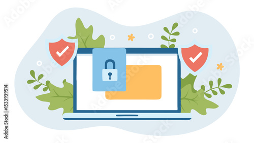 Laptop security with padlock and shields amidst leafy background illustration design vector