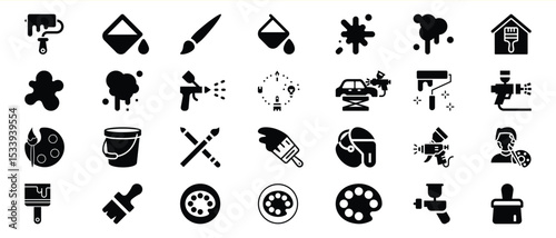Black Paint Tools Icons Set Spray Paint Roller Brush Palette 1