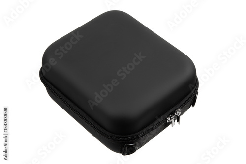 Foto Compact black hard shell protective case with zipper closure, isolated on white