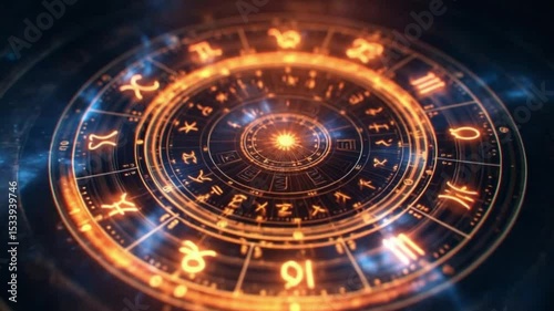 A photorealistic astrological wheel featuring all twelve zodiac signs, glowing symbols, cosmic background, subtle animated light effects, magical and mystical atmosphere, high detail, vibr