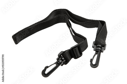 Adjustable black nylon strap with dual swivel snap hooks, isolated on white back photo